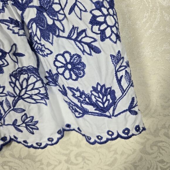 Talbots Top sz 6 Blue White Floral Embroidered 100% Cotton Scalloped Peplum Hem - Picture 5 of 14